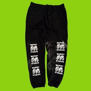 Market Studios Mens Black Graphic Sweatpants Joggers XL Streetwear Globe Logo